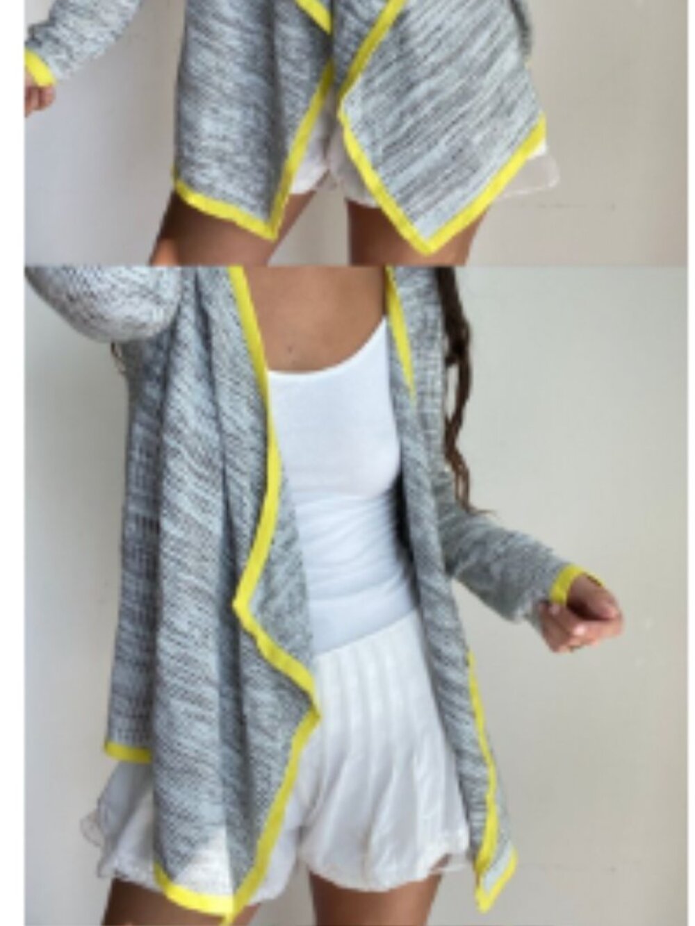 THML Open Waterfall Sweater Cotton Blend Grey Marl with Neon Yellow Trim -M-